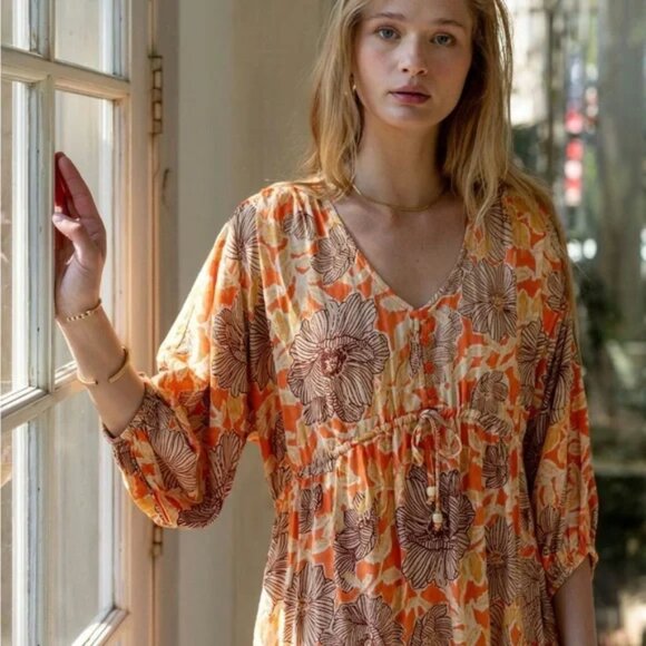 Band of the Free Floral Puff Sleeve in Apricot and Sand Mini Dress NWT Medium - Picture 7 of 9